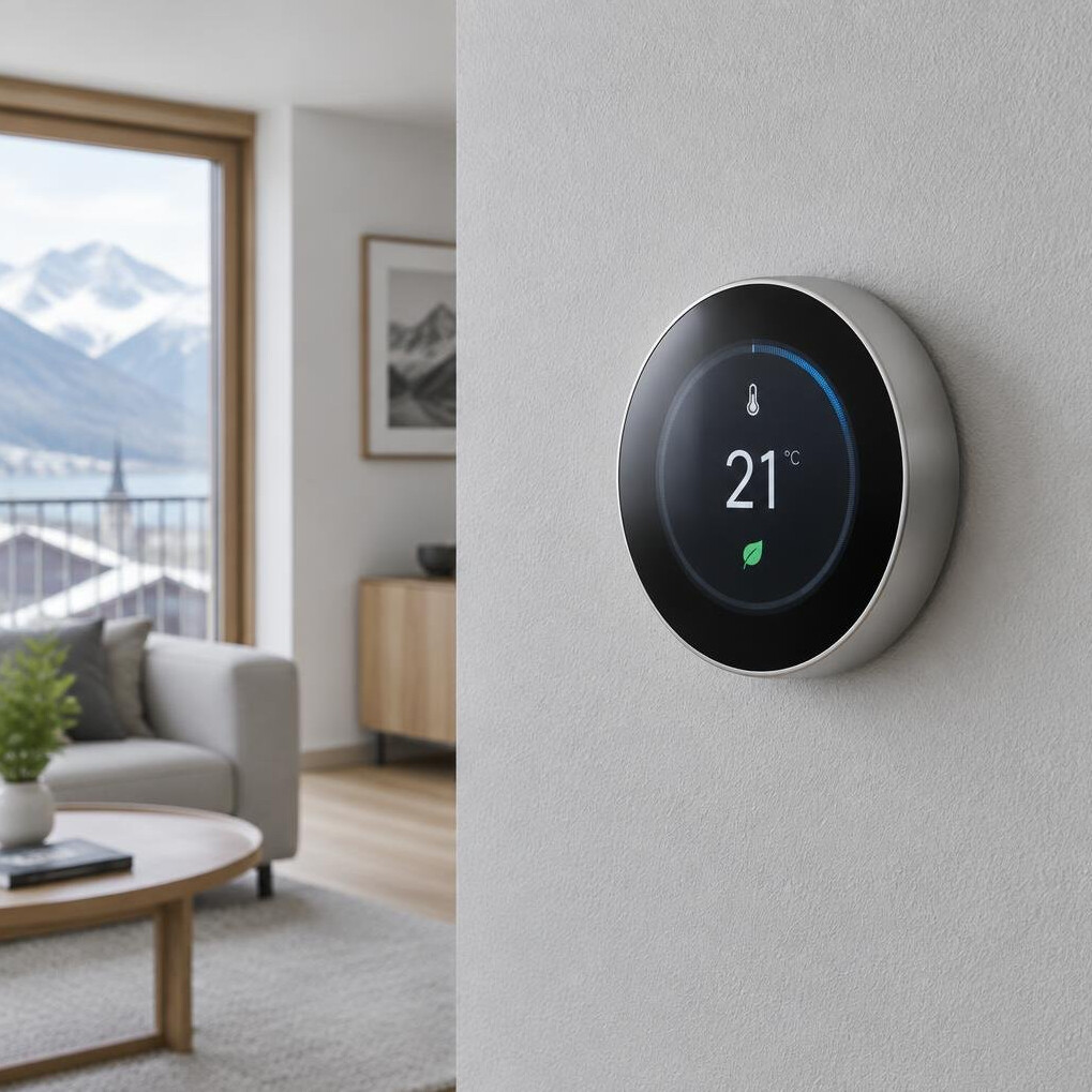 Smart thermostat mounted on a wall