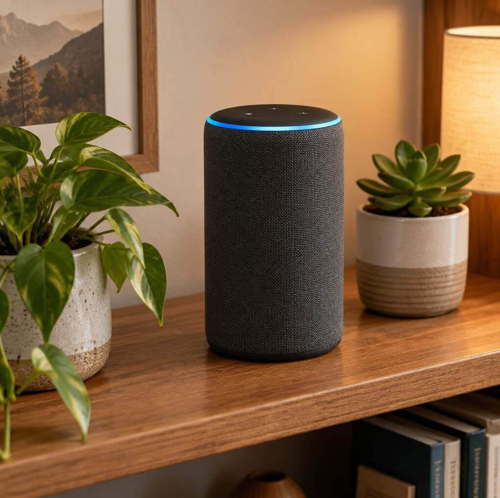 Smart speaker on a wooden shelf