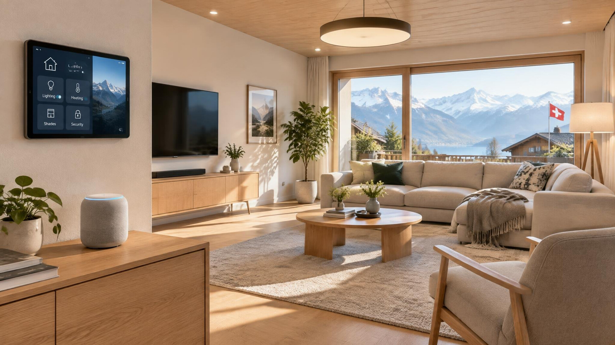 Modern living room with smart home devices and tablet control