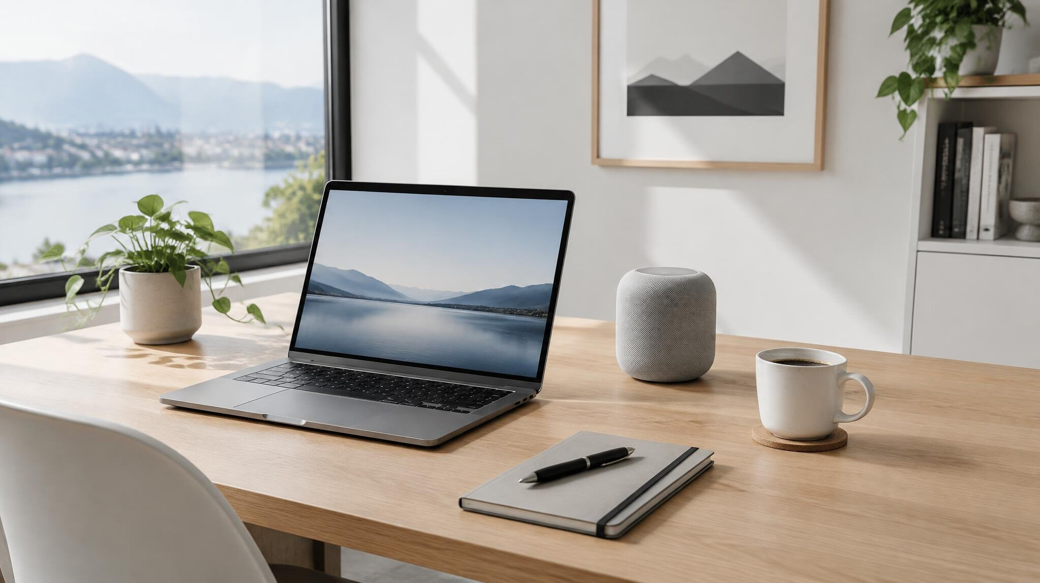 Modern home office desk with laptop and smart speaker