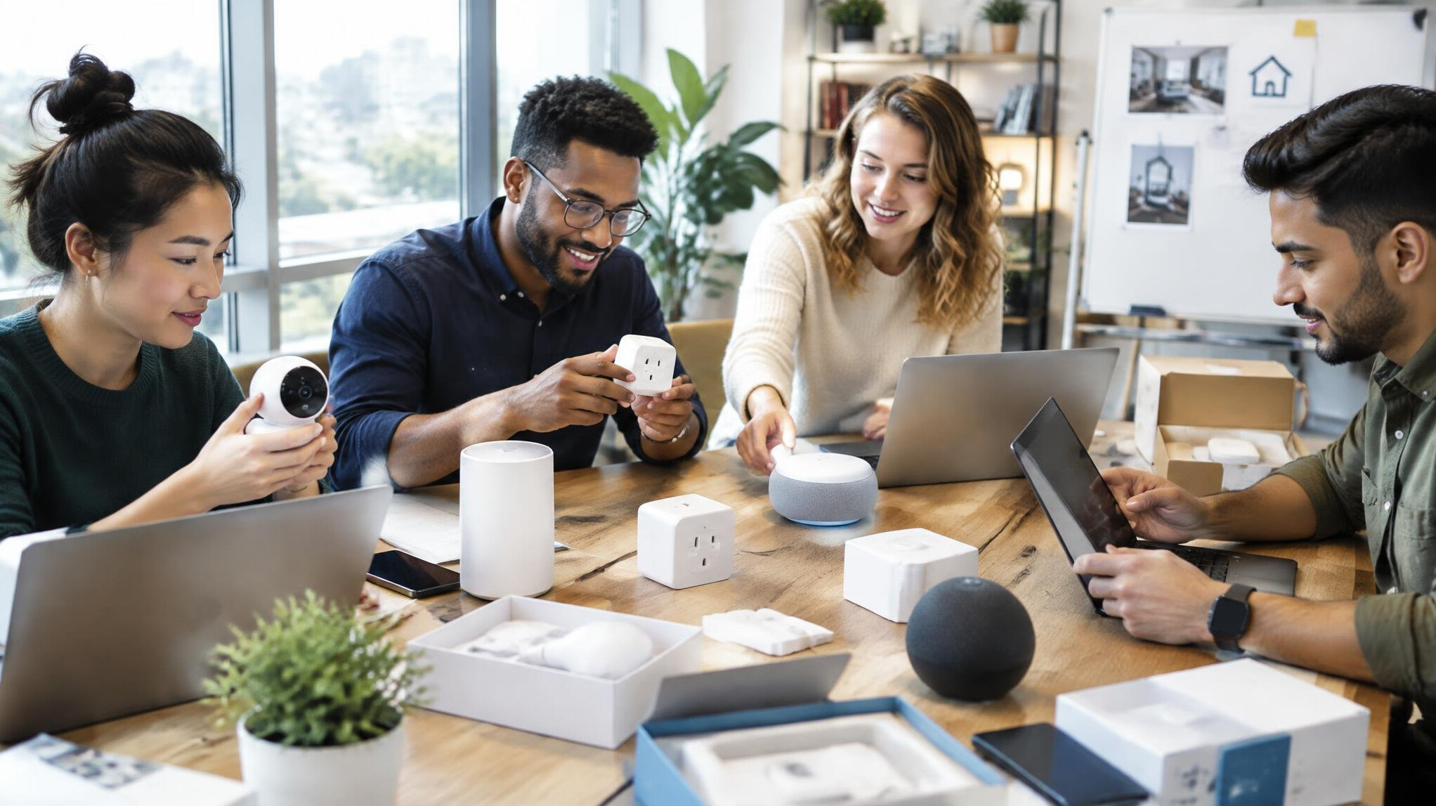 Team of technology reviewers testing smart devices in an office