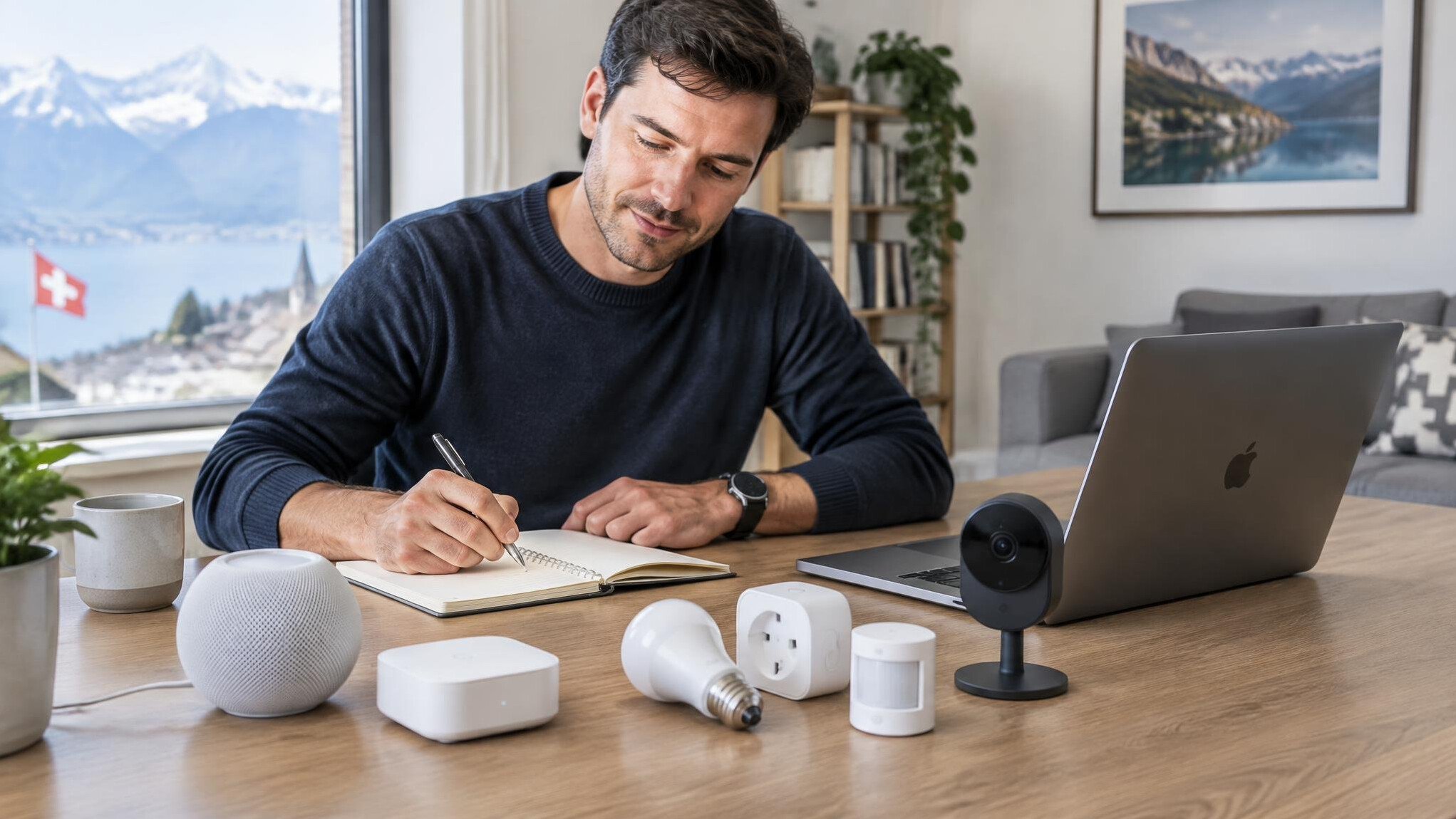 Technology reviewer writing notes next to smart devices